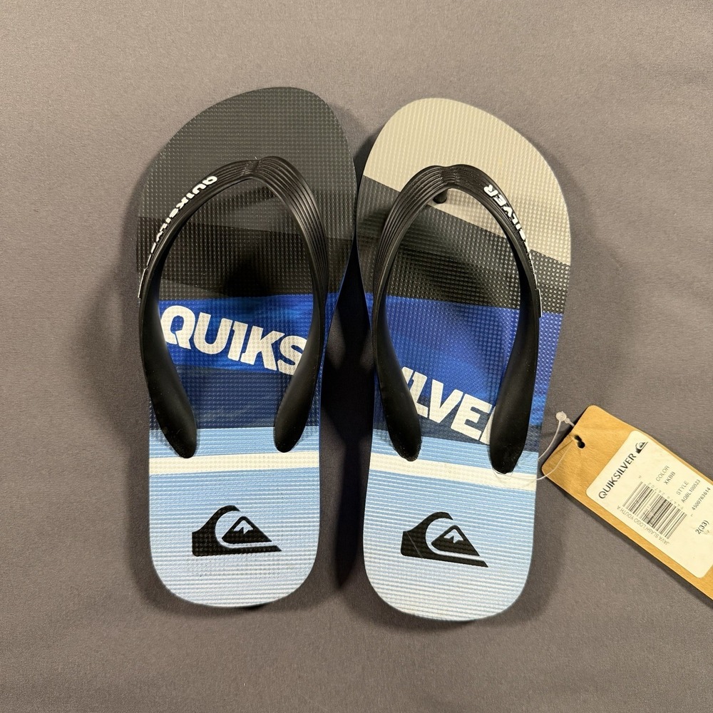 Quiksilver Boys Blue Black White Logo Flip Flops Size 2 New‎ With Tags